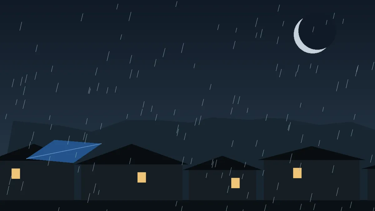 Emergency Hail Damage Roof Repair & Replacement Stoneham, CO — night rain on a damaged roof in Stoneham, Colorado
