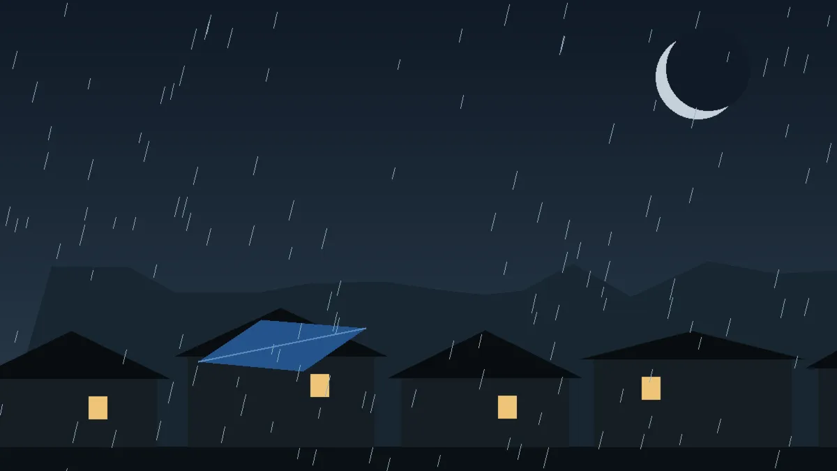 Emergency Hail Damage Roof Repair & Replacement Timnath, CO — night rain on a damaged roof in Timnath, Colorado