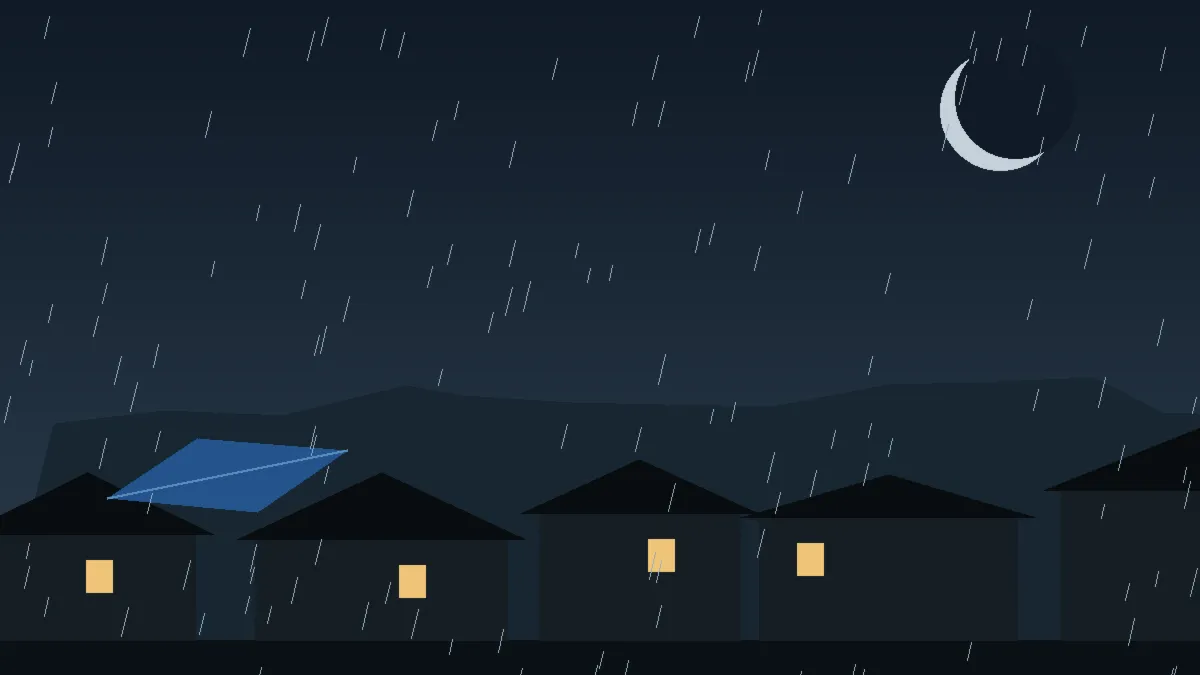 Emergency Hail Damage Roof Repair & Replacement Ward, CO — night rain on a damaged roof in Ward, Colorado