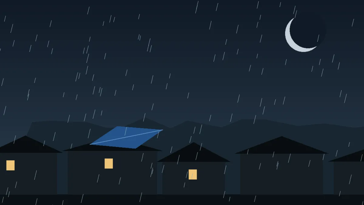 Emergency Hail Damage Roof Repair & Replacement Wellington, CO — night rain on a damaged roof in Wellington, Colorado