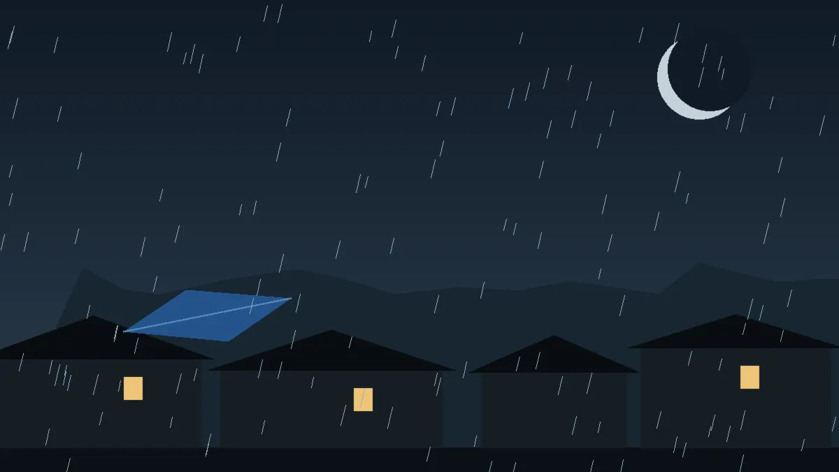 Emergency Hail Damage Roof Repair & Replacement Wheat Ridge, CO — night rain on a damaged roof in Wheat Ridge, Colorado