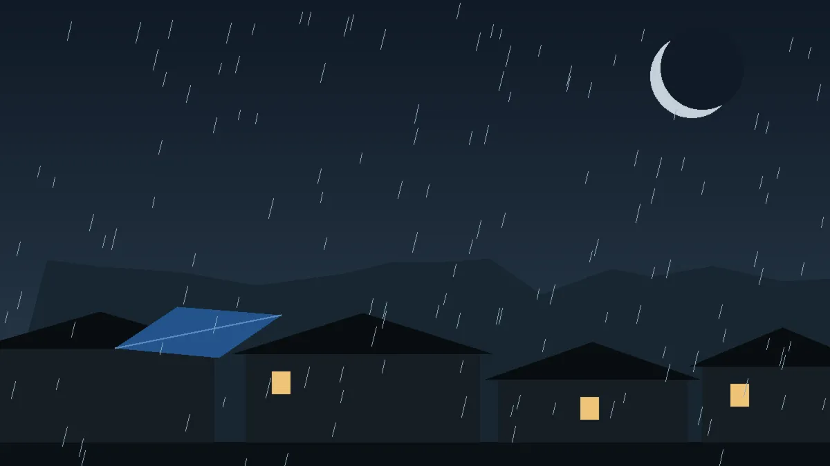 Emergency Hail Damage Roof Repair & Replacement Wolcott, CO — night rain on a damaged roof in Wolcott, Colorado