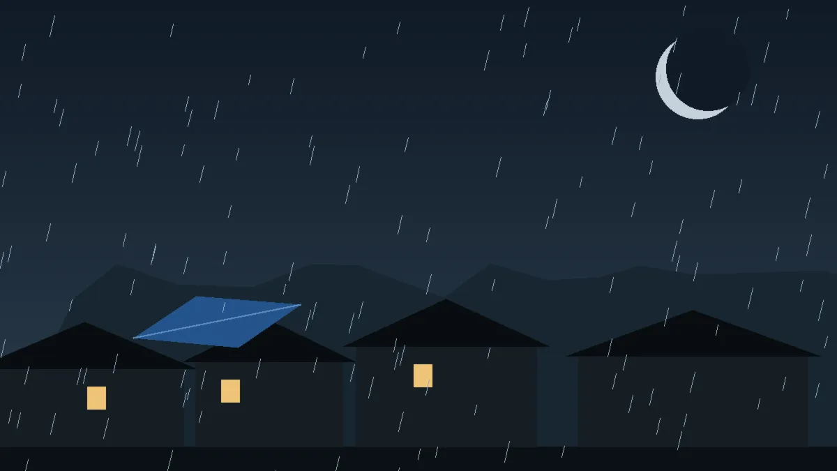 Emergency Hail Damage Roof Repair & Replacement Woodland Park, CO — night rain on a damaged roof in Woodland Park, Colorado