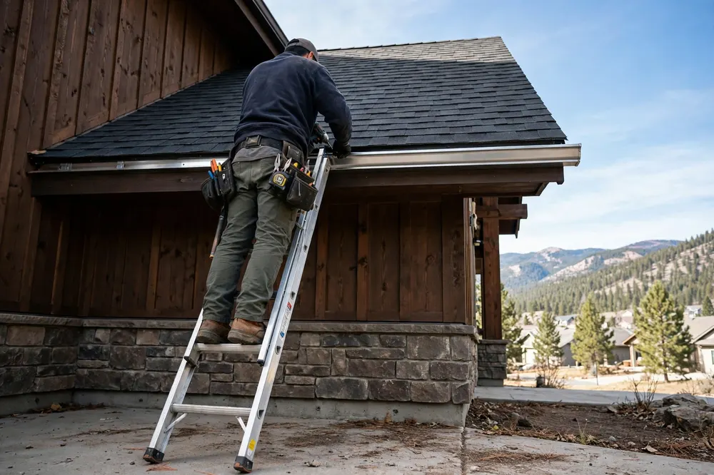 A worker installing a new seamless gutter run under the eaves of a Colorado home