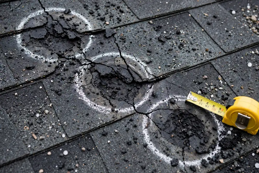 Chalk circles marking hail bruises and cracked shingles inside a test square