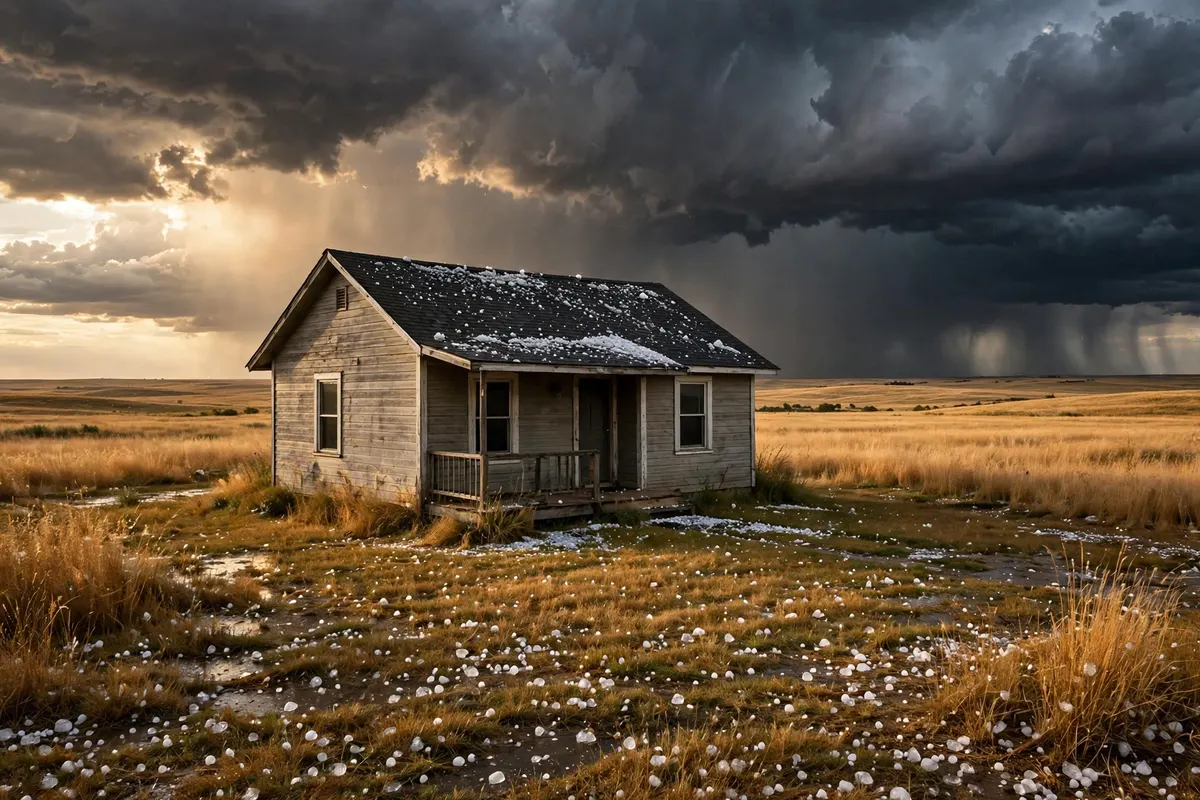Hail Damage Roof Repair & Replacement Agate, CO — a plains home roof under a dark storm sky with hailstones on the lawn