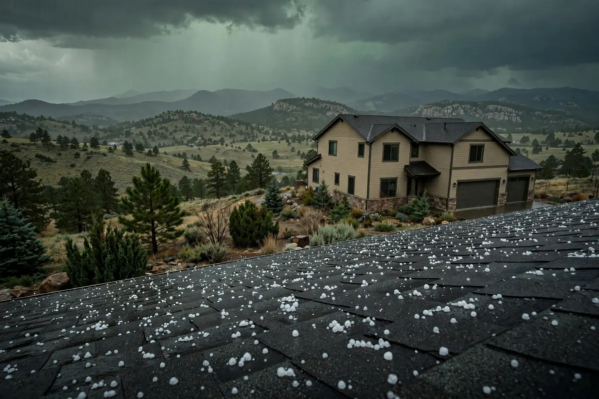 Hail Damage Roof Repair & Replacement Colorado — hailstones scattered across a shingle roof under a dark Front Range storm sky