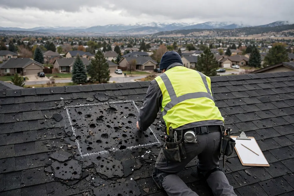 A roof inspector marking a chalk test square around hail damage on a Colorado shingle roof