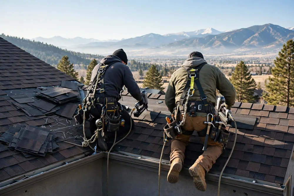 Roofers installing new architectural shingles on a Colorado home with mountains in the distance