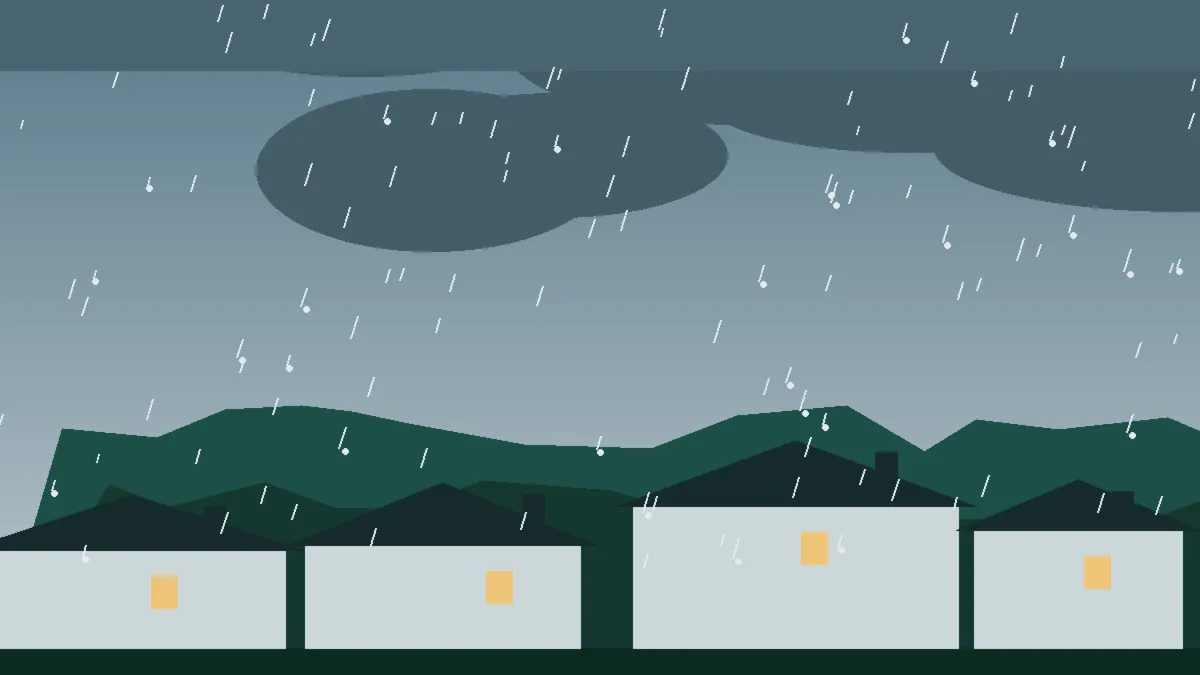 Barn And Outbuilding Roof Hail Damage — a red barn roof dented by hail under a clearing storm sky